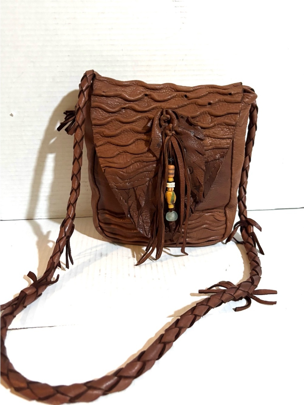 Vintage Brown distressed Leather Tassel Crossbody Bag